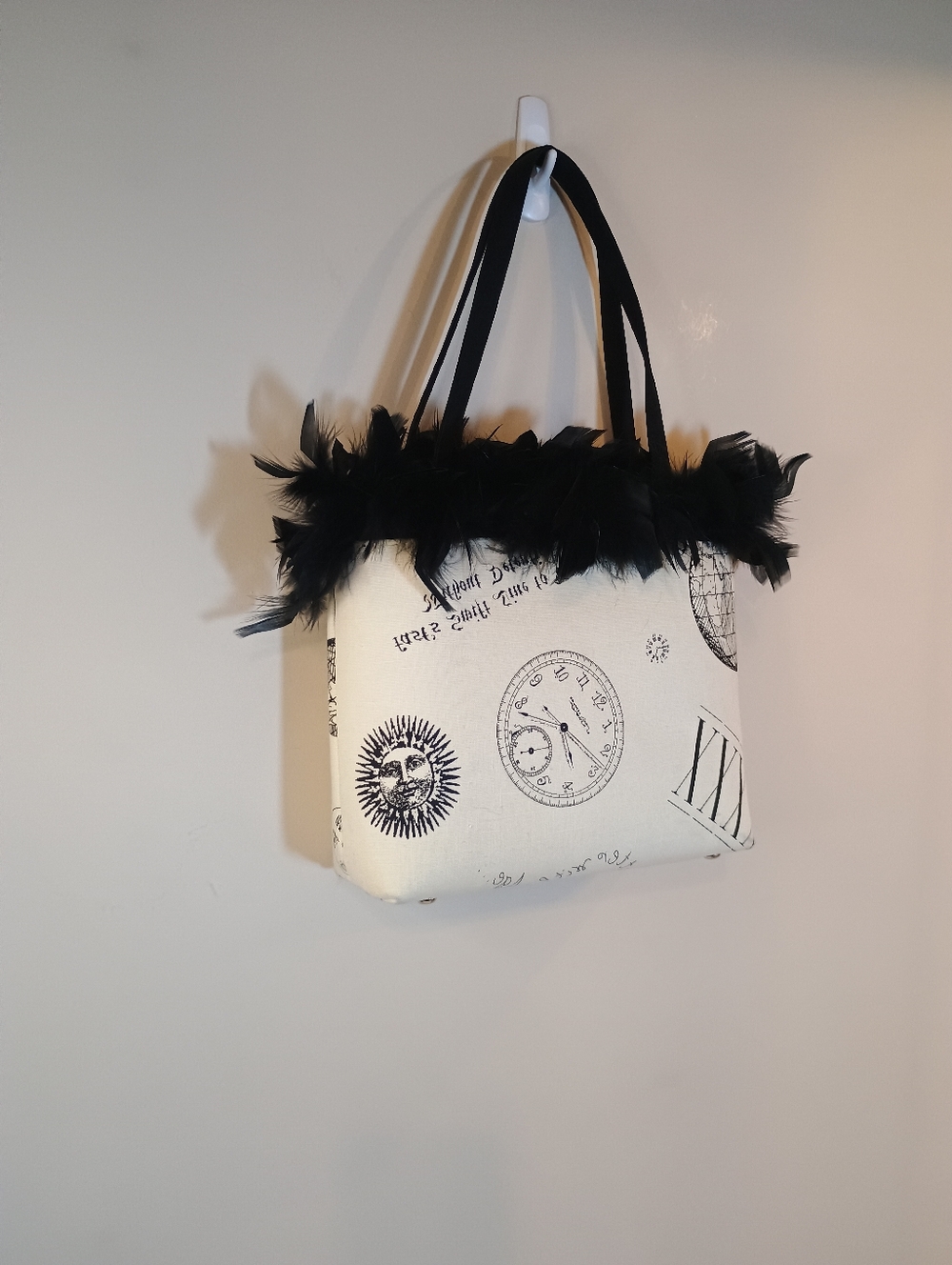 Steampunk 90's Y2k Gothic Black & Ivory Feather Trim Tote Bag - Picture 5 of 10